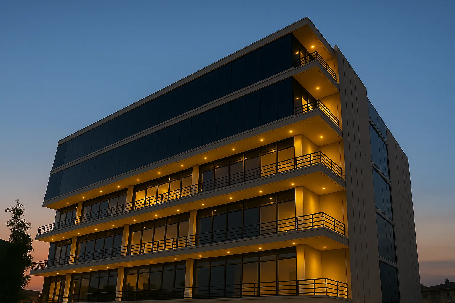 Fachada de edificio de oficinas iluminada al anochecer